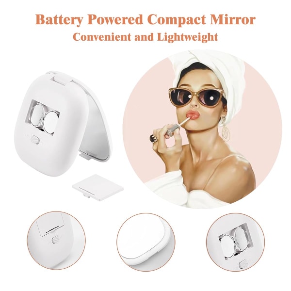 Kompakt spegel, 1X/5X förstoringsspegel med lätt liten resesminkspegel Bärbar LED-fickspegel för handväska White