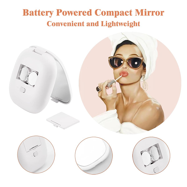 Kompakti peili, 1X/5X suurennuspeili valolla, pieni matkameikkipeili, kannettava LED-taskupeili käsilaukkuun White