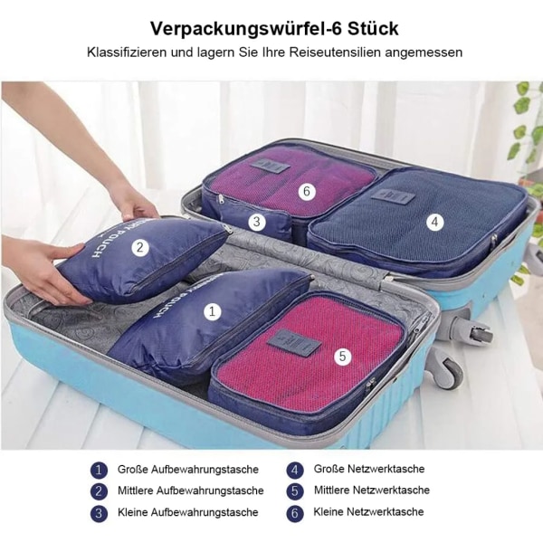 Organiserare, 6-i-1 set, inkluderar 3 packningskuber och 3 förvaringsväskor, reseväskor för kläder, skor, underkläder, kosmetika