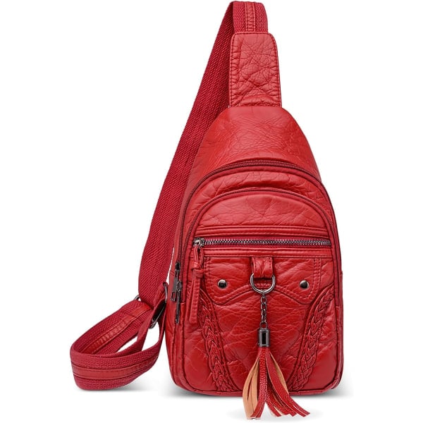 Bröstväska Dam Axelväskor Dam Crossbody-väska Hörlurar Hål Tofsdekorationer Casual Mjukt PU-läder Bröstväska för kvinnor Röd
