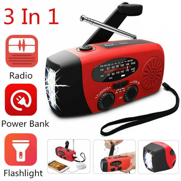 2000mAh vevradio med solceller, lommelygte og powerbank red
