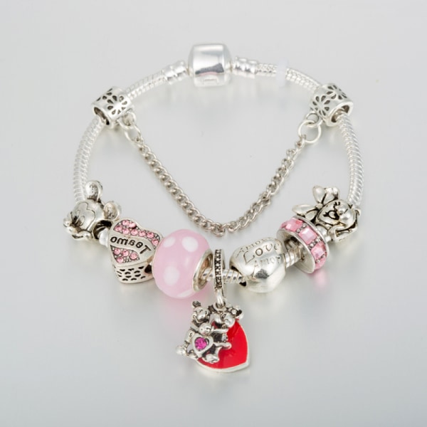 Kvinnors berlockarmband, hjärthänge Rosa pärlarmband, passar de flesta handläggare, Alla hjärtans dag-present för kvinnor (storlek: 17 cm)