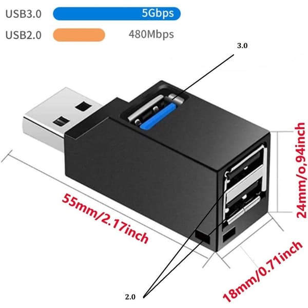 3-ports USB 3.0-hub, USB-dockingstation, datahub, USB-splitter, USB-adapter til pc og bærbar computer, bærbar huboverførsel