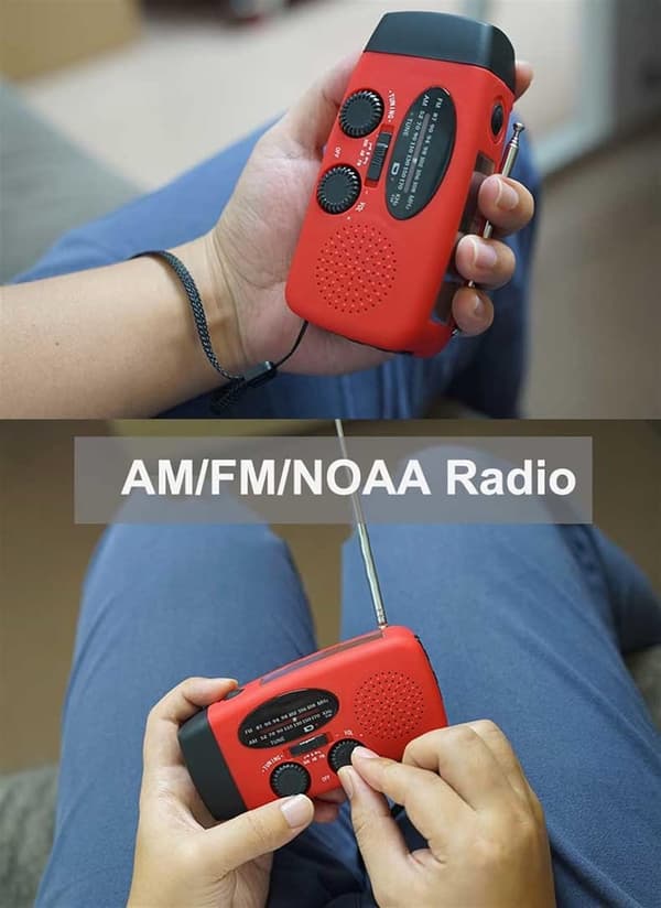 Håndsvingradio med solceller & lommelygte - 2000mAh Powerbank - Sort