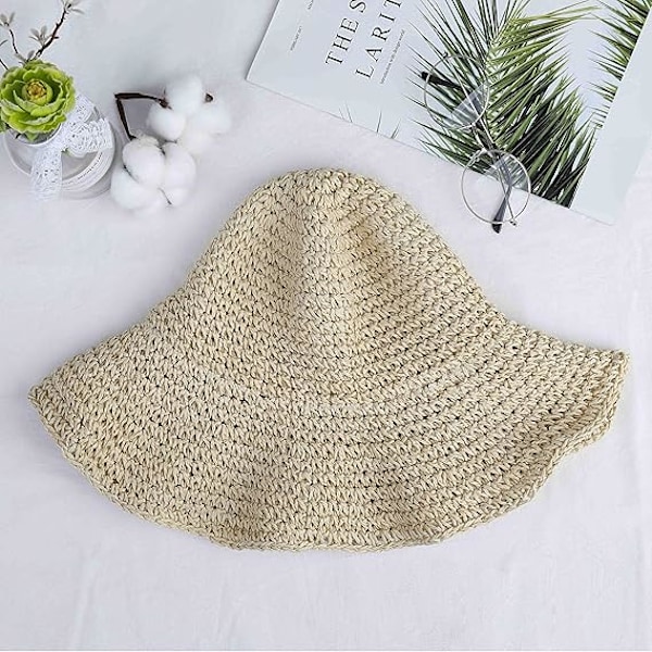 Halmhatt (56-58 cm) Dame Strand Solhatt Sammenleggbar Stor Dame Floppy