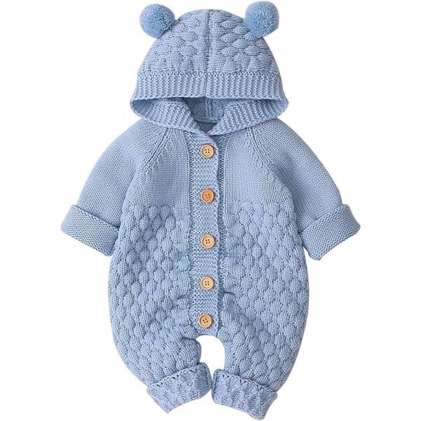 Newborn Baby Ear Hood Stickad Romper Jumpsuit Varmare snödräkt för pojkar Flickor Ljusblå 73cm Light Blue