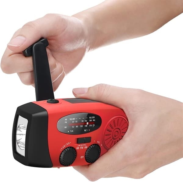 Håndsvingradio med solceller & lommelygte - 2000mAh Powerbank - Sort