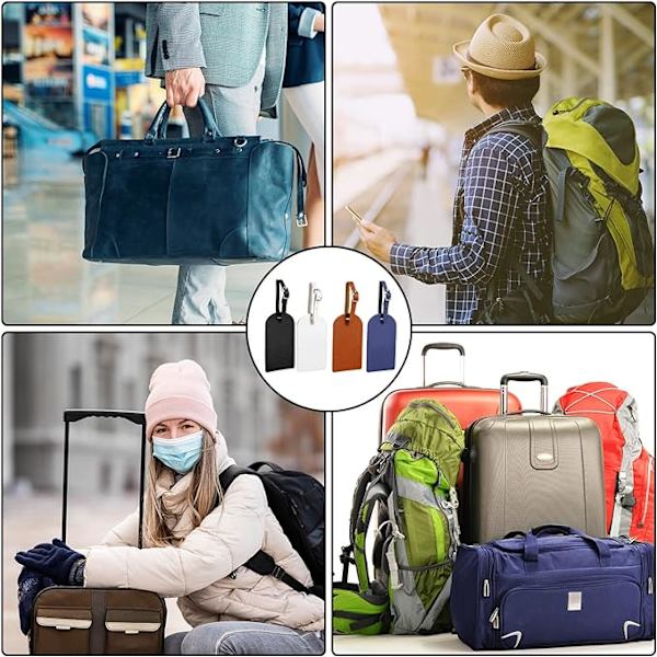 4 stk. flybagasjemerker, bagasjemerker i skinn med justering