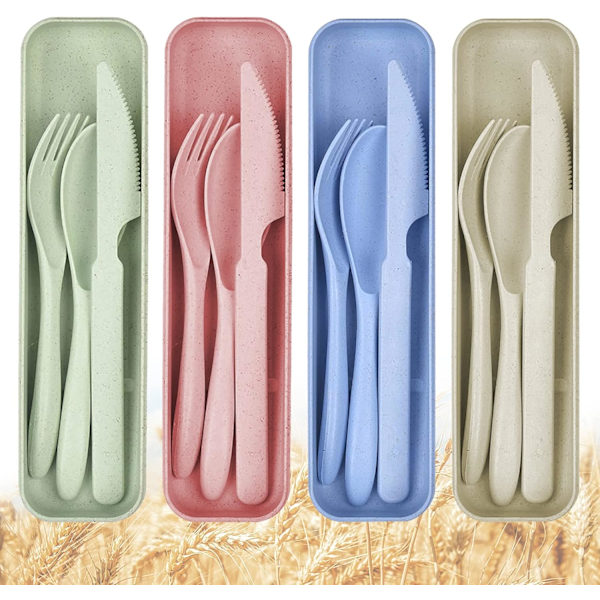 4 Bärbara Set i plast Återanvändbar skedgaffel för utomhusbestick, Beige Grön Rosa