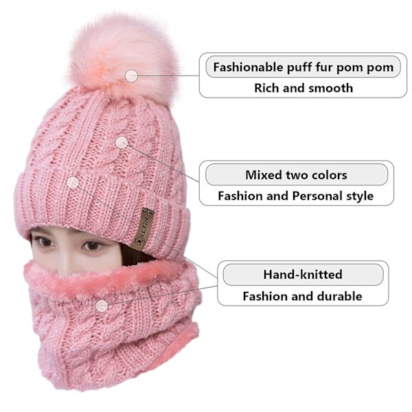 Pompom-mössa för damer Set för flickor Vinterskidmössa Slouchy Stickad Mössa med Fleecefoder (Rosa)