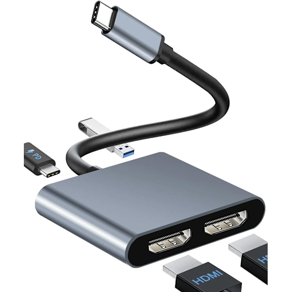 USB C - Dual HDMI -sovitin, 2 näytön jakaja, USB C -keskitin laajennetulle kaksoisnäytölle, Dual HDMI -telakointiasema kannettaville tietokoneille ja näytöille