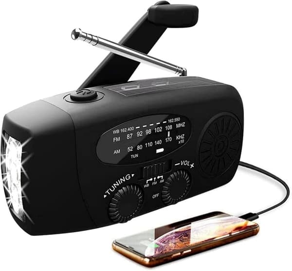 Håndsvingradio med solceller & lommelygte - 2000mAh Powerbank - Sort