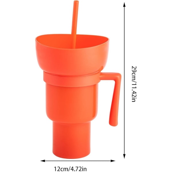 Snack- og Drikkekop 2 i 1, Stadium Tumbler, Snackkopskål med Sugerør, Genanvendelig Snack og Orange