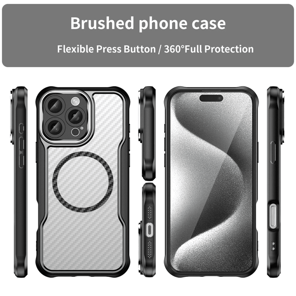 Borstad Kolfiber Fullständigt Linsskydd Fodral För iPhone 16 15 Pro Max Plus Magnetiskt Trådlöst Laddningsskydd iPhone16Plus