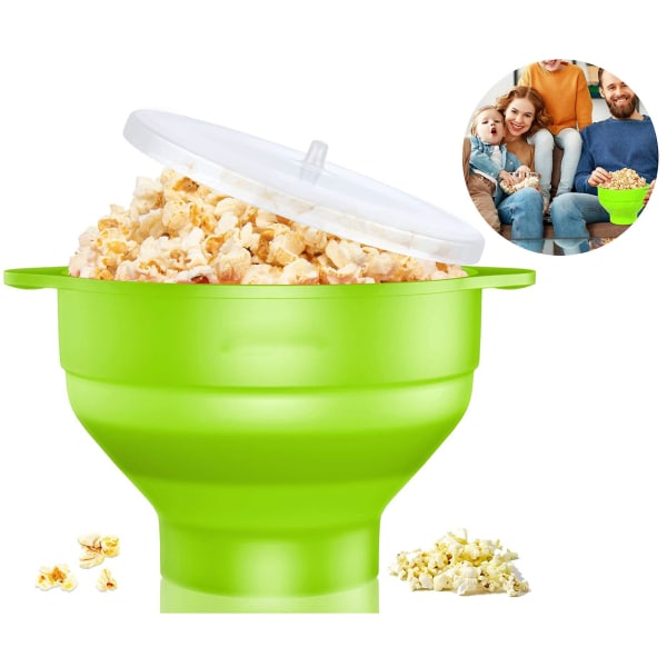Popcornpopper, mikrobølgesikker, silikon popcornmaskin og oppvaskmaskinsikker, popcornskål og håndtak for hjemmet, grønn