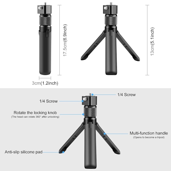 Pyöriväkahvainen pöytäteline Insta360 X3 / X4 / DJI / Gopro -kameroille 1/4 ruuvikiinnityksellä, teleskooppivarsi