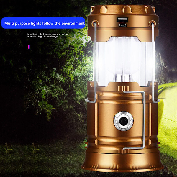 Solar campinglampe USB genopladelig lommelygte Bærbar nødlampesæt Gold