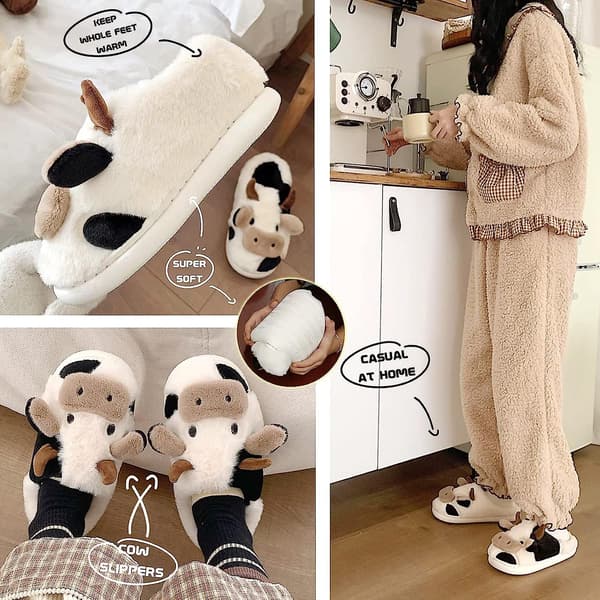 Koffotofflor för kvinnor, flickor, bomullsdjur, fluffiga tofflor, Slip-on.