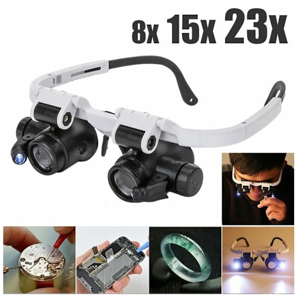 2X LED-förstoringsglas för klockmakare och reparationer, huvudmonterat pannband, justerbar förstoringshuvud, glasögonlupplins 8X 15X 23X
