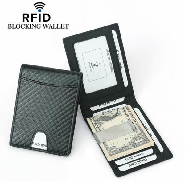 RFID karbon lommebok i ekte lær med pengeslips