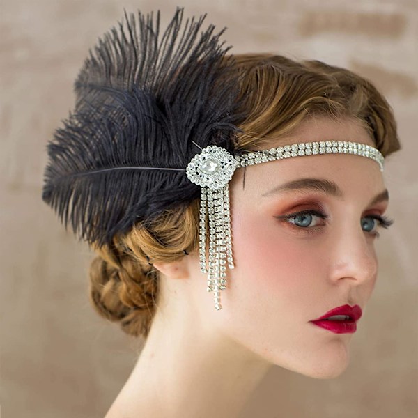 Huvudband för kvinnor från 1920-talet Stor Gatsby-inspirerad fjäder Black