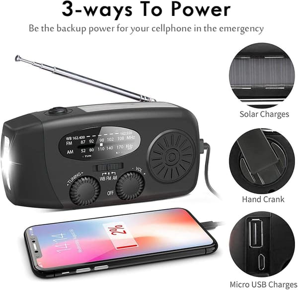 Sort Vejradio med Solceller, Lommelygte og 2000mAh Powerbank