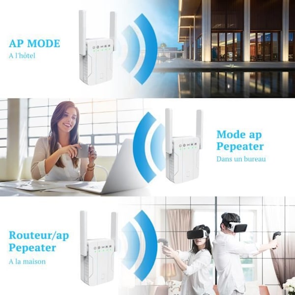 WiFi Repeater Forsterker Extender AP 1200 Mbps 2 Ethernet-port, dekker opptil 100 m, Kompatibel med alle internettbokser