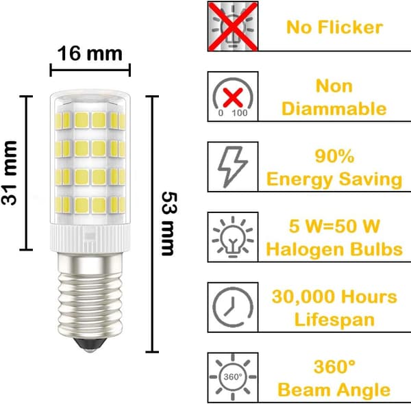 6-pack E14 LED Bulbs, 5W (50W Equivalent), Cool White (6000K), AC220-240V, 300 Lumens
