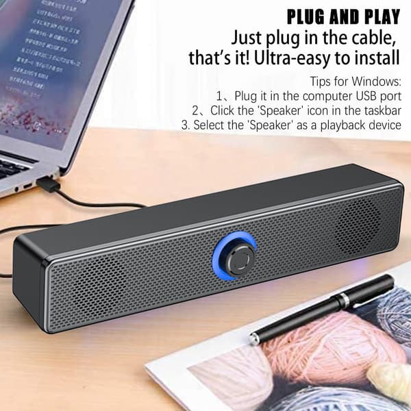 Computerhøjttalere, 40W Computer Soundbar til PC, Stationær computer, Bærbar computer, USB-tablet, Mini Bærbar Soundbar med 3D Surround Stereo, Bred Kompatibilitet