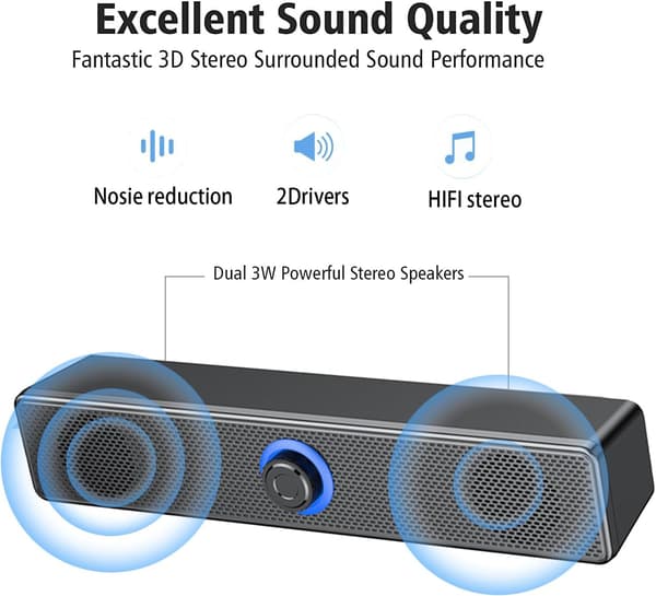 Computer Speakers, 40W Computer Soundbar for PC, Desktop, Laptop, USB Tablet, Mini Portable Soundbar with 3D Surround Stereo, Wide Compatibility