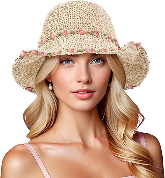 Solhatt – Dame Bøttehatt – Sammenleggbar og lett – Pustende – 60 cm Hodeomkrets – 8,5 cm Brede – For strand og hage – Håndvevd Papyrus