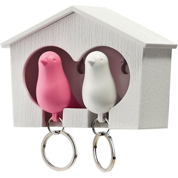 Nyckelbricka, Drum Nyckelring Ställ med Två Sparvar Design Vit / Rosa pink