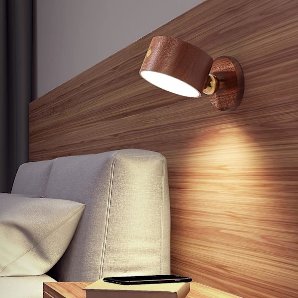 Trä magnetisk vägglampa, 360° roterbar LED-vägglampa, USB-uppladdningsbar, batteridriven, dimbar, magnetisk skåpslampa, hushållsbelysning