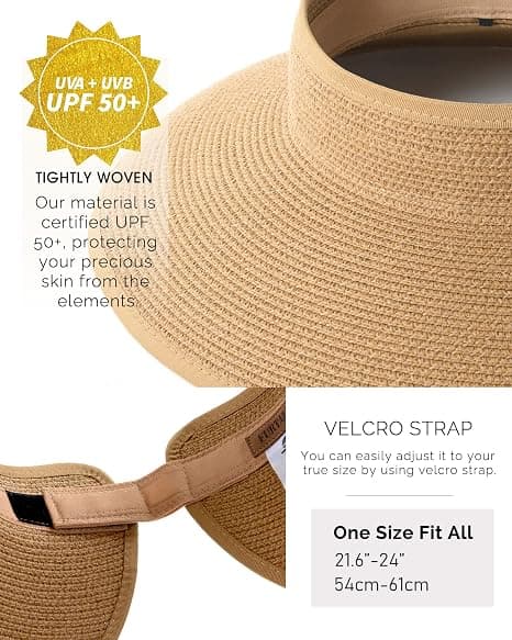 Women's Sun Hat, Wide Brim Straw Hat, Roll-up, Foldable, Ponytail, Summer Beach Hat, UV UPF khaki