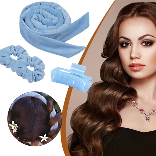 Värmelös Curling Pannband Curl Ribbon med Hair Claw Clip blue