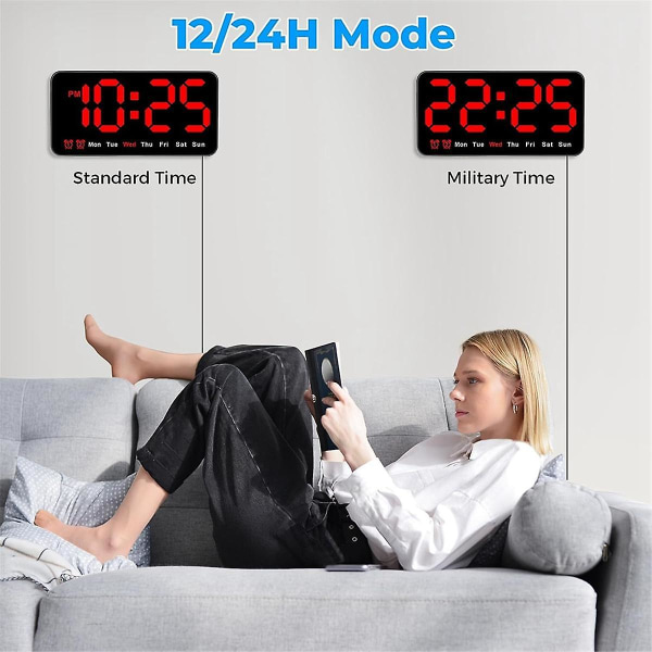 Digital väggklocka, 9-tums LED-digital klocka med 12/24h, stora siffror, tyst väggklocka