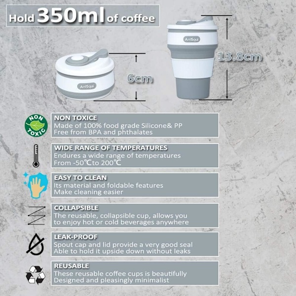 Hopfällbar kaffekopp med lock (350 ml, BPA-fri återanvändbar kaffekopp)