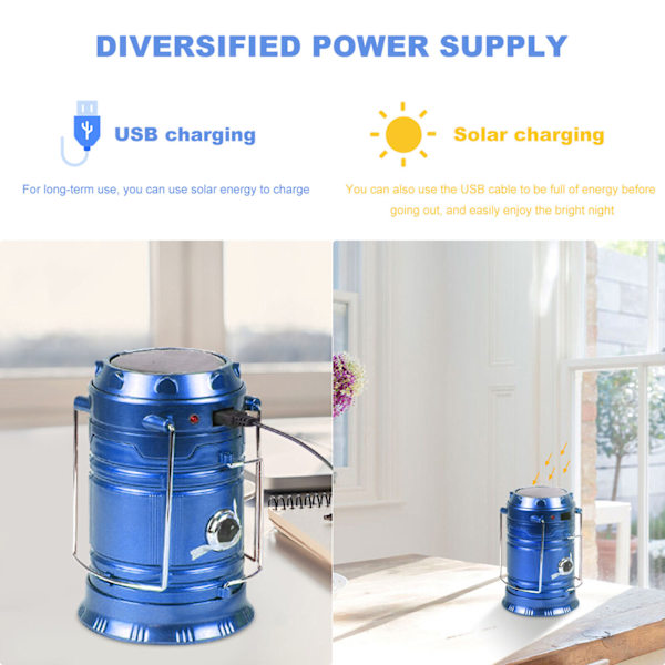 Solar campinglys USB oppladbar lommelykt Bærbar nødlampe utstyr Blue