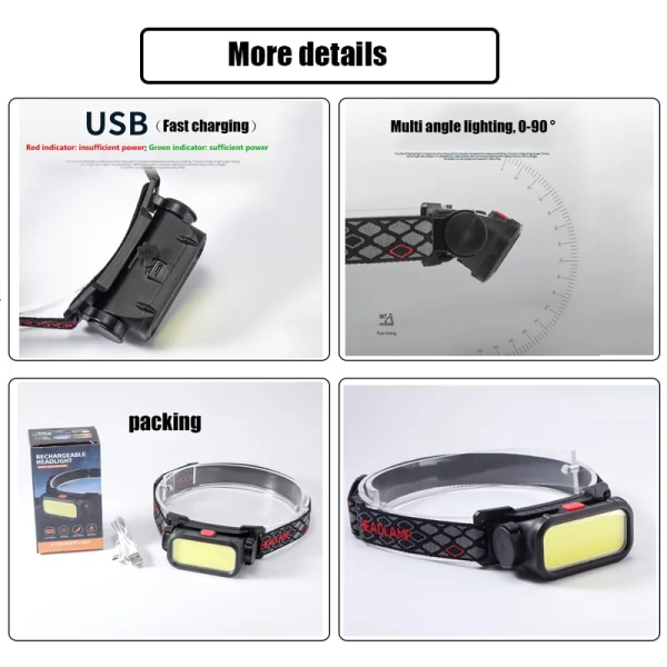 COB LED Huvudlampa USB Laddningsbar 4 Ljuslägen Huvudlampa Ficklampa Inbyggt Batteri Camping Fiske Lykta