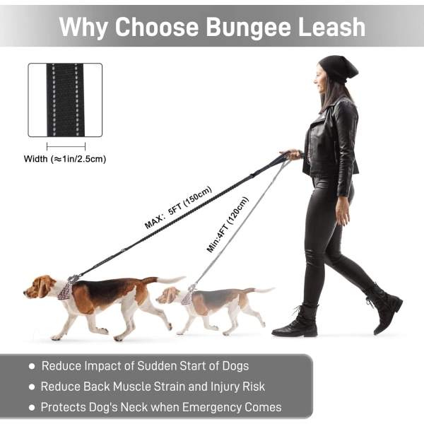 Tungt Hundkoppel 4-5FT Taktiskt Justerbart Bungee Power Stretch Koppel Hundar Upp till 160lbs Reflekterande Starkt Hundkoppel med Bilbälte (Svart)