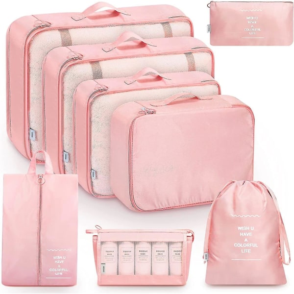 8 stk. Organizer Sett Bagasje Koffert Oppbevaringsvesker Pakking Reisekuber Gaver Pink