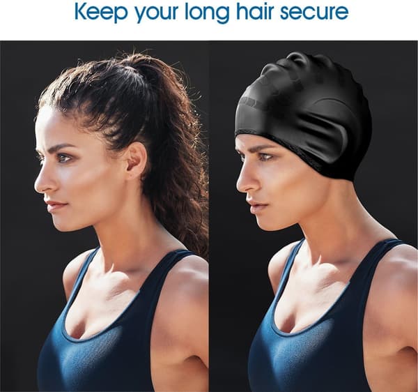 Badehette (svart), silikon unisex badehette, langt hår
