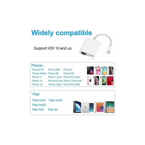 Lightning til Ethernet RJ45-adapter med lading for iPhone/iPad, støtte for 10/100 Mbps høy hastighet
