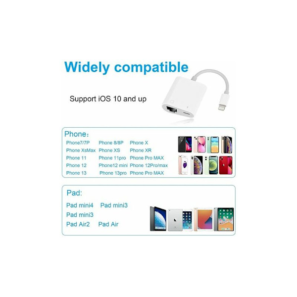 Lightning til Ethernet RJ45-adapter med opladning til iPhone/iPad, understøtter 10/100 Mbps højhastighed