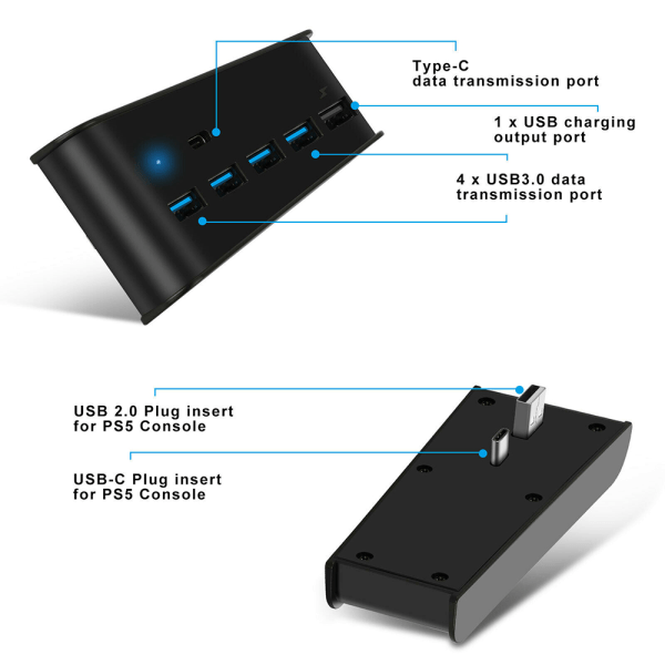 PS5 Värd-HUB-konverterare USB Hög Hastighetstransmission Förlängning Black