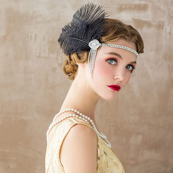 Huvudband för kvinnor från 1920-talet Stor Gatsby-inspirerad fjäder Black