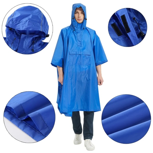 Regnrock, poncho, vattentät regnponcho utomhus med fickor för campingvandring, män och kvinnor (blå)