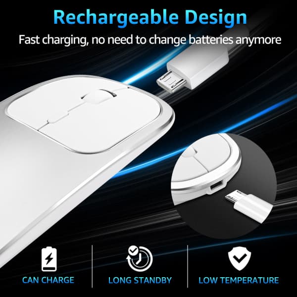 Genopladelig 2,4 GHz trådløs Bluetooth mus, Silent Click Dual Mode, kompatibel med bærbar computer, PC, MacBook (sølvfarve)
