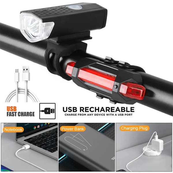 USB Genopladeligt Cykellygte Sæt Forlygte med Baglygte 3 Tilstande