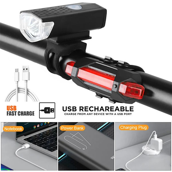 USB Oppladbart Sykkellyktsett Frontlykt med Baklykt 3 Moduser